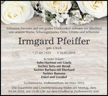 Traueranzeige von Irmgard Pfeiffer von WVG - Wochenspiegel Wittenberg