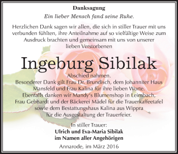 Traueranzeige von Ingeburg Sibilak von Mitteldeutsche Zeitung Mansfelder Land