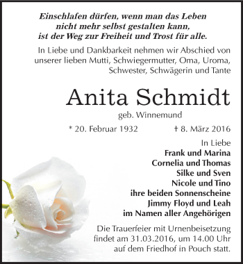 Traueranzeige von Anita Schmidt von Mitteldeutsche Zeitung Bitterfeld