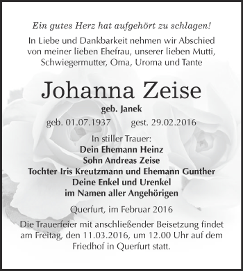 Traueranzeige von Johanna Zeise von WVG - Wochenspiegel Merseburg