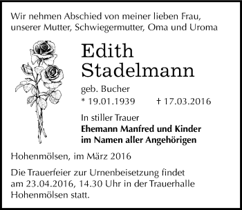 Traueranzeige von Edith Stadelmann von Mitteldeutsche Zeitung Weißenfels