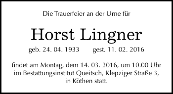 Traueranzeige von Horst Lingner von Mitteldeutsche Zeitung Köthen
