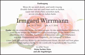 Traueranzeige von Irmgard Wirrmann von WVG - Wochenspiegel Dessau / Köthen