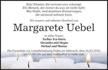 Traueranzeige von Margarete Uebel von Mitteldeutsche Zeitung Halle/Saalkreis