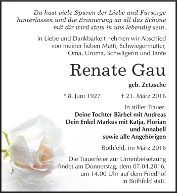 Traueranzeige von Renate Gau von Mitteldeutsche Zeitung Weißenfels