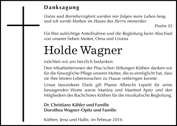 Traueranzeige von Holde Wagner von Mitteldeutsche Zeitung Köthen