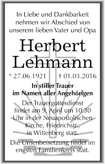 Traueranzeige von Herbert Lehmann von Mitteldeutsche Zeitung Wittenberg