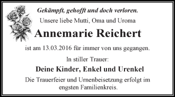 Traueranzeige von Annemarie Reichert von WVG - Wochenspiegel Dessau / Köthen