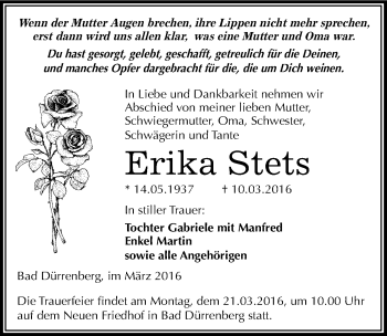 Traueranzeige von Erika Stets von Mitteldeutsche Zeitung Merseburg/Querfurt