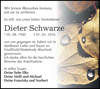 Traueranzeige von Dieter Schwarze von Super Sonntag SGH Mansf. Land