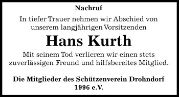 Traueranzeige von Hans Kurth von Mitteldeutsche Zeitung Aschersleben