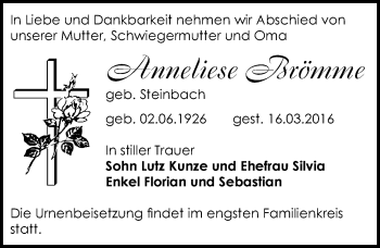 Traueranzeige von Anneliese Brömme von Mitteldeutsche Zeitung Bernburg