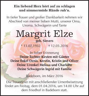 Traueranzeige von Margrit Elze von Mitteldeutsche Zeitung Quedlinburg