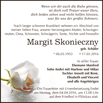 Traueranzeige von Margit Skonieczny von Super Sonntag Bernburg