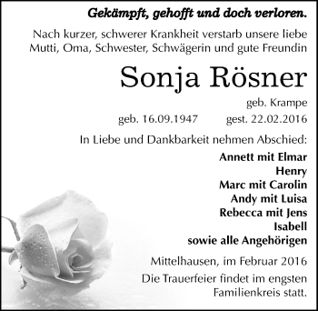 Traueranzeige von Sonja Rösner von Mitteldeutsche Zeitung Sangerhausen