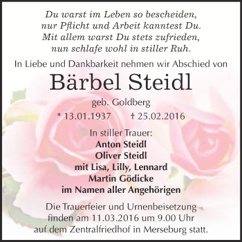 Traueranzeige von Bärbel Steidl von Super Sonntag Merseburg