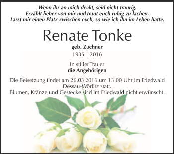 Traueranzeige von Renate Tonke von Super Sonntag Wittenberg