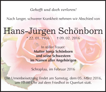 Traueranzeige von Hans-Jürgen Schönborn von Mitteldeutsche Zeitung Merseburg/Querfurt