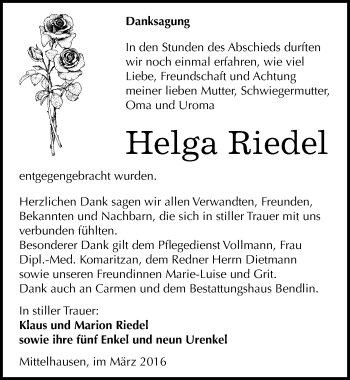 Traueranzeige von Helga Riedel von Mitteldeutsche Zeitung Sangerhausen