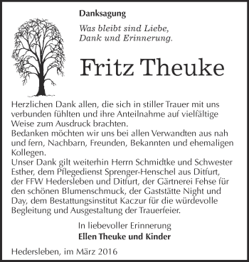 Traueranzeige von Fritz Theuke von WVG - Wochenspiegel Quedlinburg