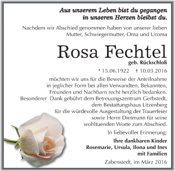 Traueranzeige von Rosa Fechtel von Mitteldeutsche Zeitung Mansfelder Land