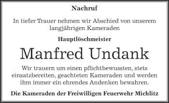 Traueranzeige von Manfred Undank von WVG - Wochenspiegel NMB / WSF / ZTZ