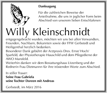 Traueranzeige von Willy Kleinschmidt von Mitteldeutsche Zeitung Mansfelder Land