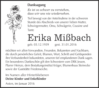 Traueranzeige von Erika Mißbach von Super Sonntag Wittenberg