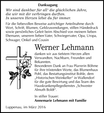 Traueranzeige von Werner Lehmann von Mitteldeutsche Zeitung Merseburg/Querfurt