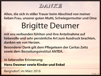 Traueranzeige von Brigitte Deumer von Mitteldeutsche Zeitung Zeitz