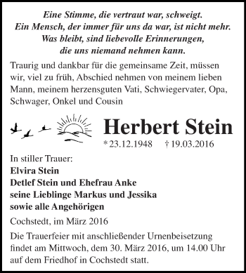 Traueranzeige von Herbert Stein von WVG - Wochenspiegel Quedlinburg