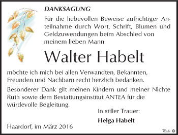 Traueranzeige von Walter Habelt von Mitteldeutsche Zeitung Zeitz