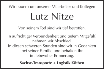 Traueranzeige von Lutz Nitze von WVG - Wochenspiegel Dessau / Köthen