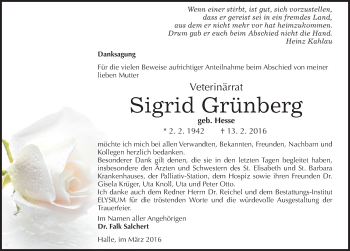 Traueranzeige von Sigrid Grünberg von Mitteldeutsche Zeitung Halle/Saalkreis