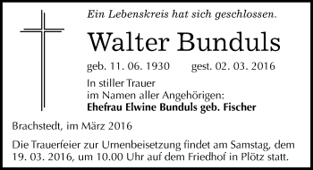 Traueranzeige von Walter Bunduls von Mitteldeutsche Zeitung Halle/Saalkreis
