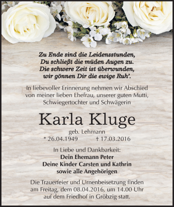 Traueranzeige von Karla Kluge von Mitteldeutsche Zeitung Köthen