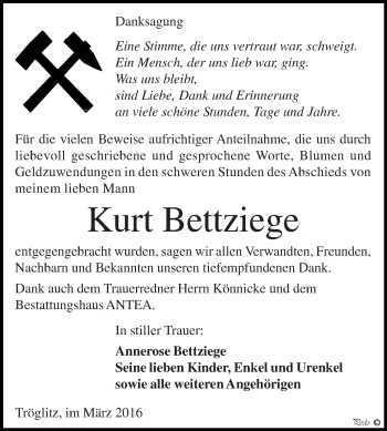 Traueranzeige von Kurt Bettziege von Super Sonntag Zeitz