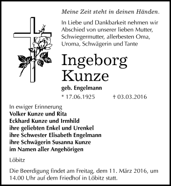 Traueranzeige von Ingeborg Kunze von Mitteldeutsche Zeitung Naumburg/Nebra