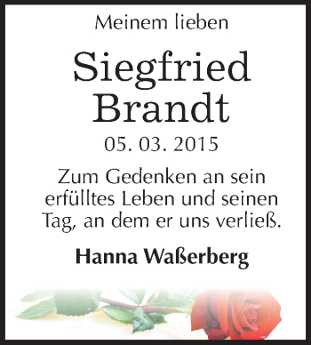 Traueranzeige von Siegfried Brandt von Mitteldeutsche Zeitung Merseburg/Querfurt