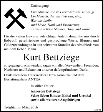 Traueranzeige von Kurt Bettziege von Mitteldeutsche Zeitung Zeitz