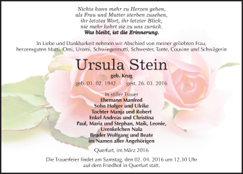 Traueranzeige von Ursula Stein von Mitteldeutsche Zeitung Merseburg/Querfurt