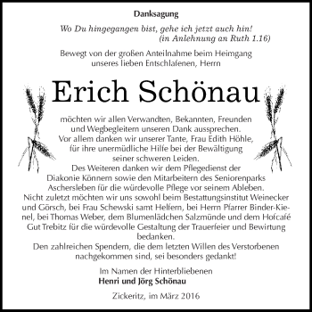 Traueranzeige von Erich Schönau von Super Sonntag Aschersleben