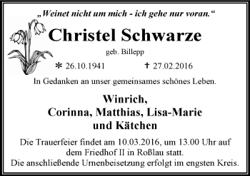 Traueranzeige von Christel Schwarze von Mitteldeutsche Zeitung Dessau-Roßlau