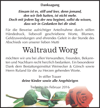 Traueranzeige von Waltraud Worg von Mitteldeutsche Zeitung Bernburg