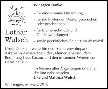 Traueranzeige von Lothar Wulsch von WVG - Wochenspiegel Quedlinburg