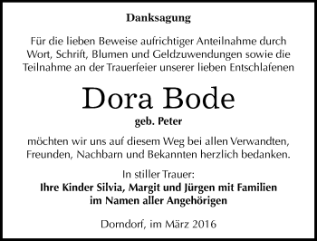 Traueranzeige von Dora Bode von Mitteldeutsche Zeitung Naumburg/Nebra