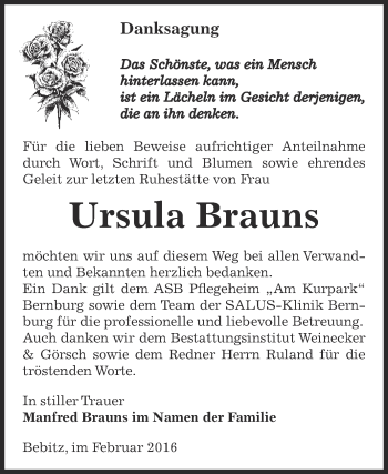 Traueranzeige von Ursula Brauns von Super Sonntag Bernburg