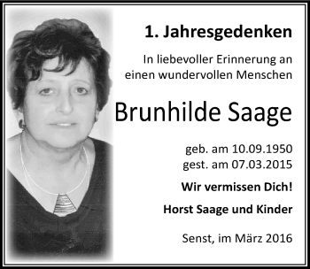 Traueranzeige von Brunhilde Saage von Mitteldeutsche Zeitung Wittenberg