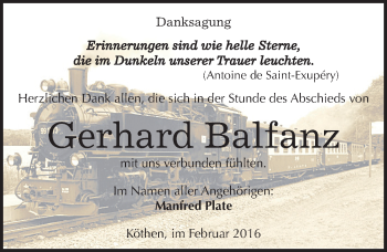 Traueranzeige von Gerhard Balfanz von Mitteldeutsche Zeitung Köthen