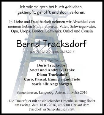 Traueranzeige von Bernd Tracksdorf von WVG - Wochenspiegel SGH
